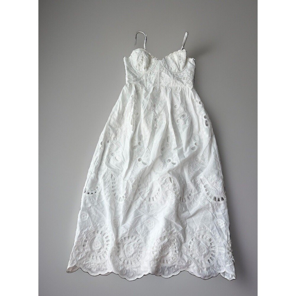 Lulus Jenora White Embroidered Bustier Midi Dress Eyelet Lace Boho Sun Size M